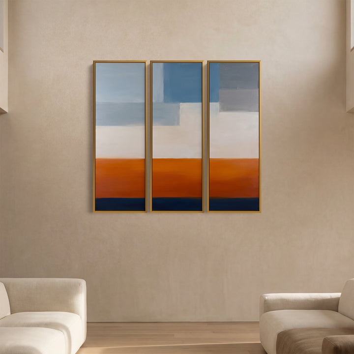 Ensemble de 3 œuvres murales pour bureau, blocs bleus au-dessus d’une bande orange