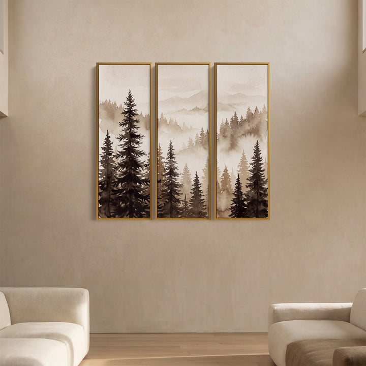 Sepia Spruce Trees Above A Fog Bank Wall Art Set Of 3 For A Hallway