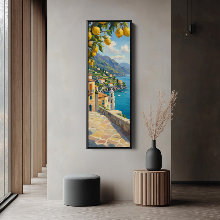 Tall Narrow Canvas Coastal Village With Lemons For Kitchen