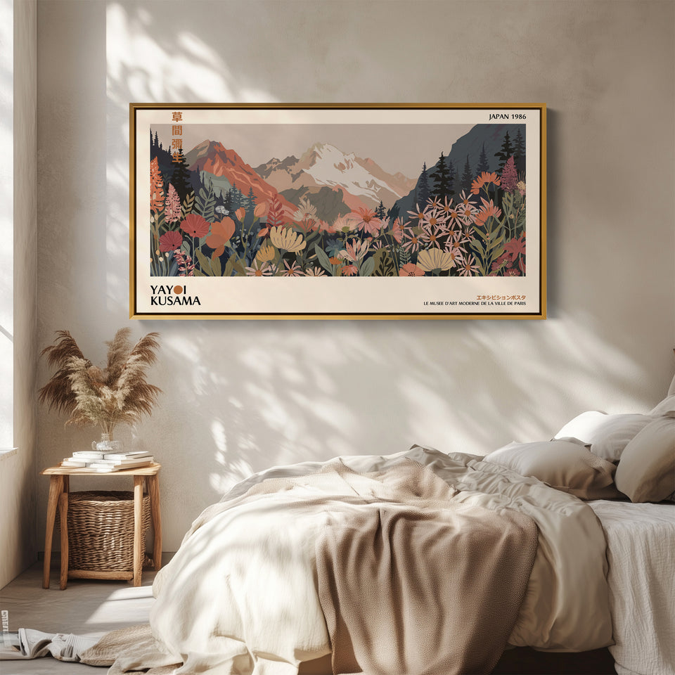 Yayoi Kusama Wide Canvas Mountain Meadow With Flowers Panoramic Canvas Print For Office