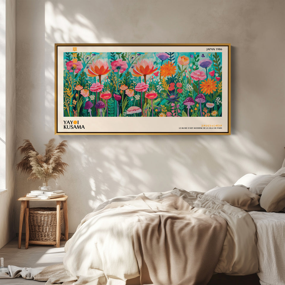 Yayoi Kusama Panoramic Wall Art Floral Garden With Mushrooms Statement Wall Decor For Kitchen
