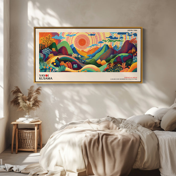 Yayoi Kusama Wide Canvas Dotted Mountain Landscape With Sun Panoramic Canvas Print For Living Room