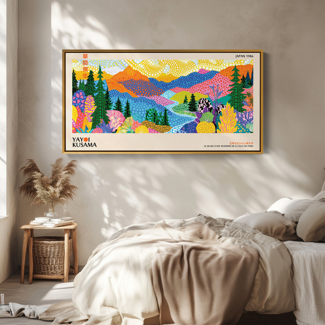 Yayoi Kusama Horizontal Wall Art Colourful Dotted Mountain Landscape Panoramic Canvas Print For Living Room