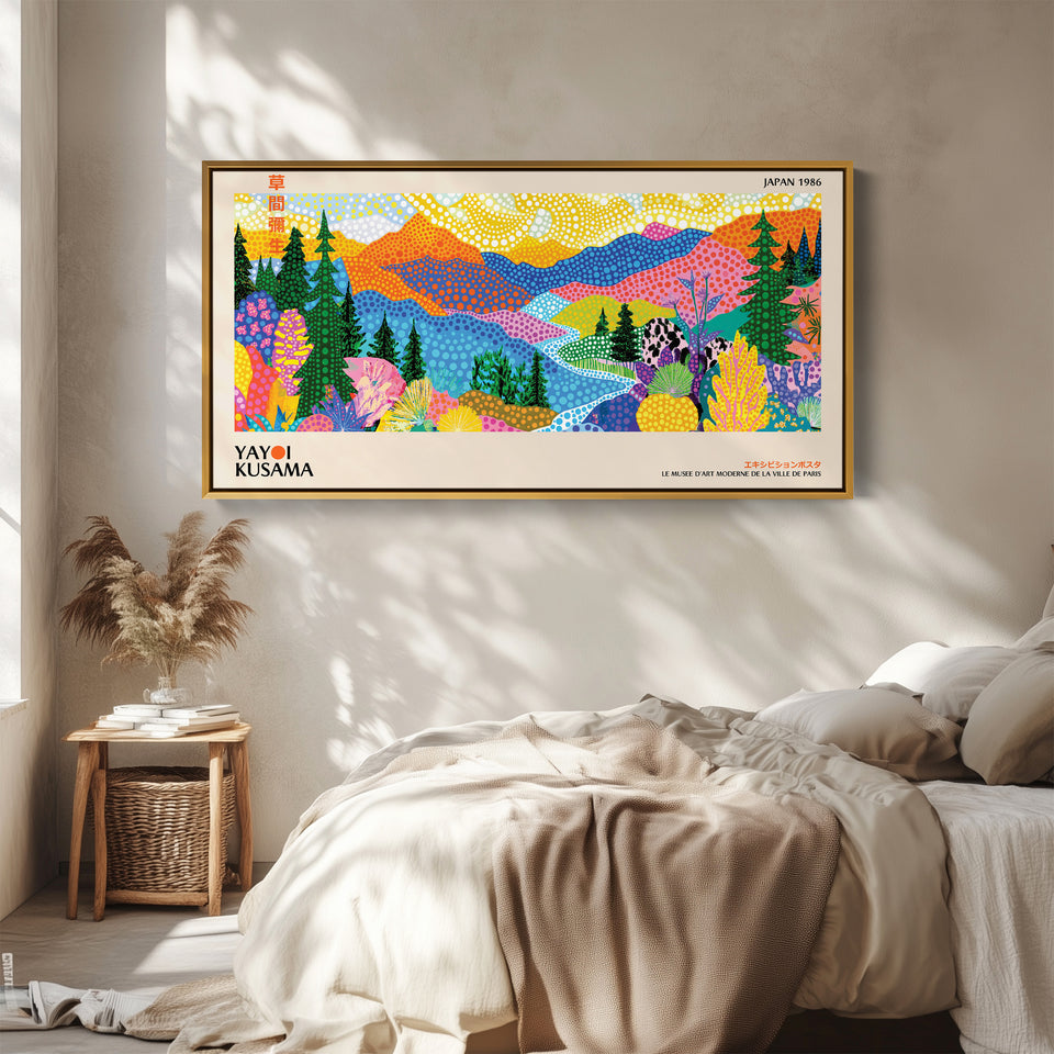 Yayoi Kusama Horizontal Wall Art Colourful Dotted Mountain Landscape Panoramic Canvas Print For Living Room