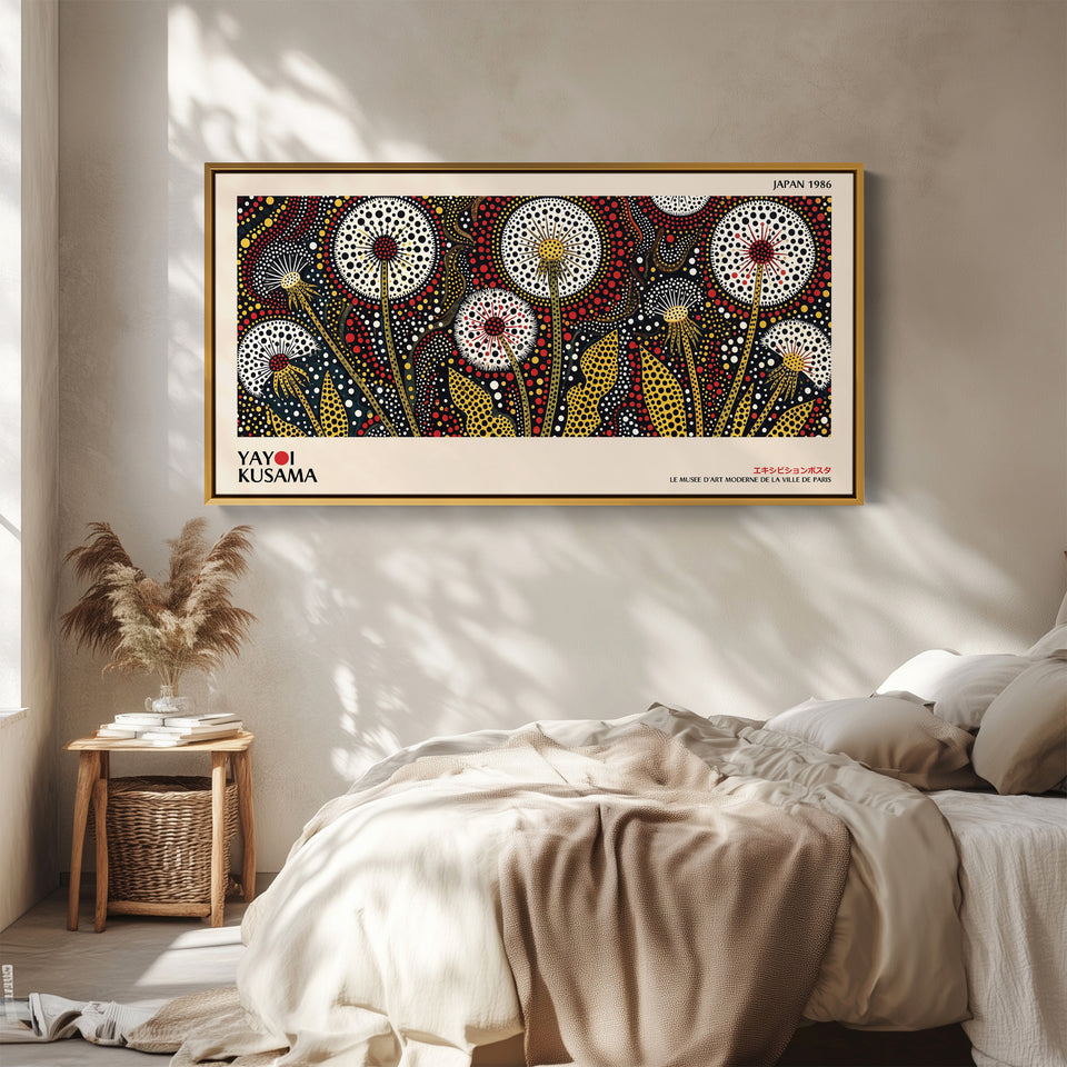 Yayoi Kusama Wide Wall Art Dotted Dandelion Flowers Statement Wall Decor For Bedroom