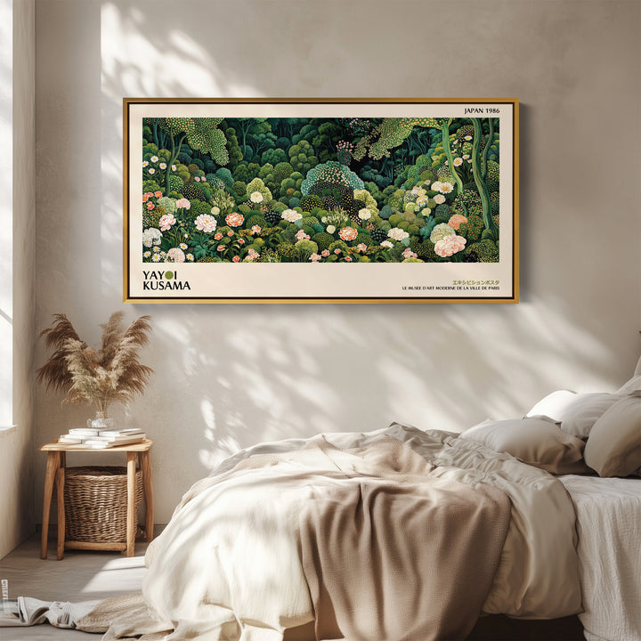 Yayoi Kusama Panoramic Wall Art Dense Green Floral Garden Framed Canvas Print For Living Room