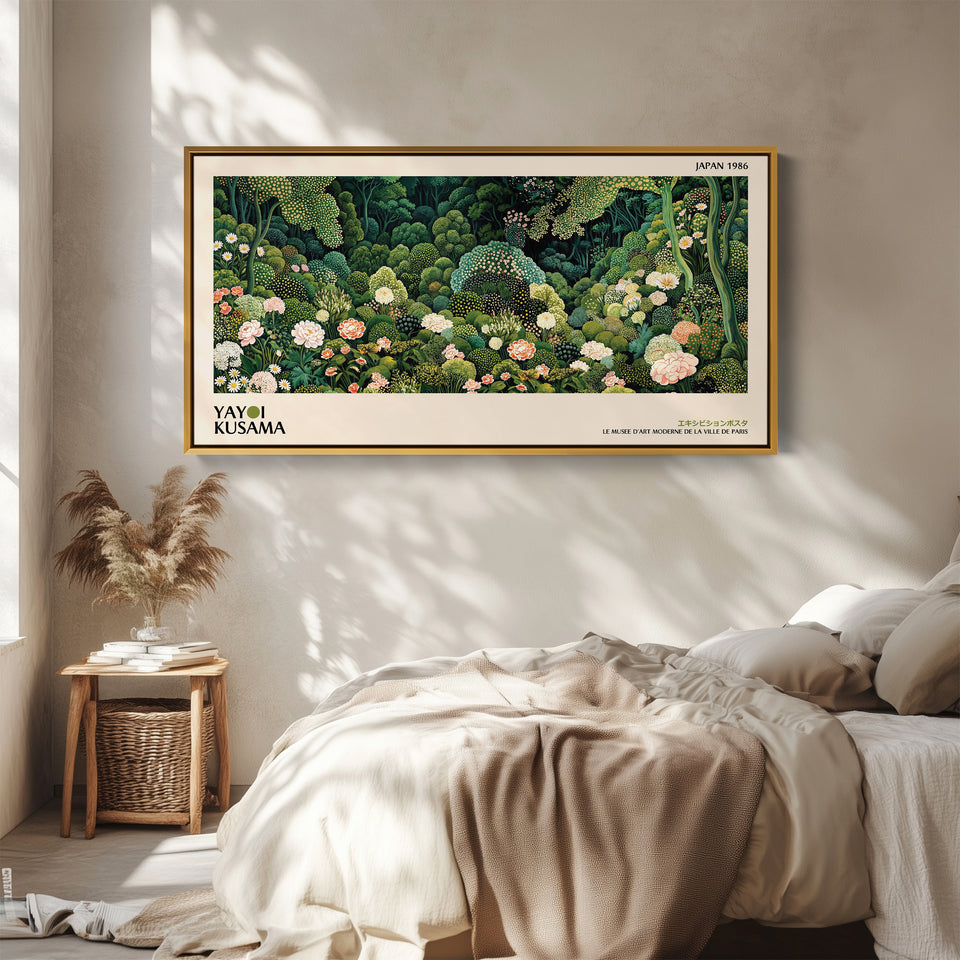 Yayoi Kusama Panoramic Wall Art Dense Green Floral Garden Framed Canvas Print For Living Room