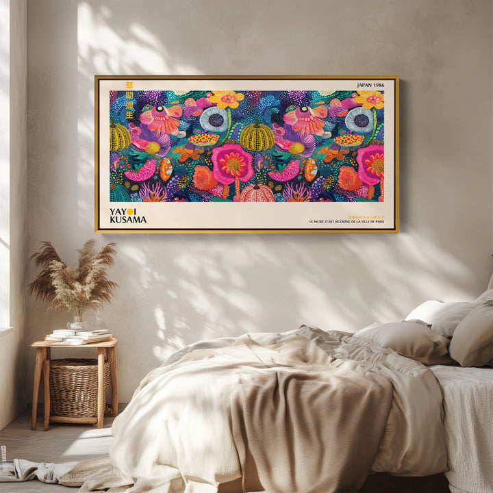 Yayoi Kusama Wide Framed Canvas Vibrant Dotted Floral Collage Extra Wide Canvas For Kitchen