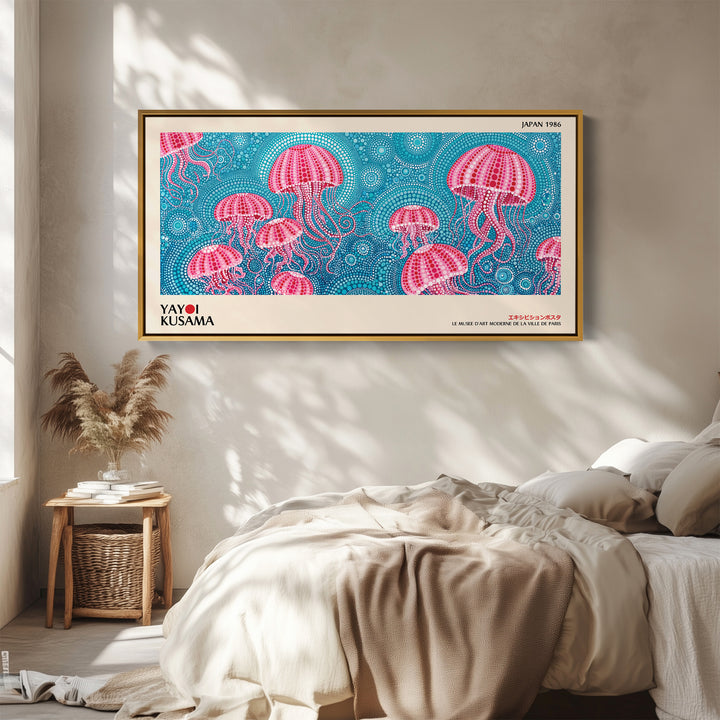 Yayoi Kusama Long Wall Art Pink Jellyfish Pattern Horizontal Canvas Print For Bedroom