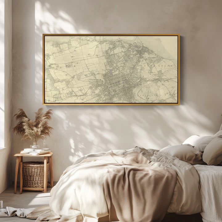 Wide Wall Art Vintage Edinburgh City Map Panoramic Canvas Print For Living Room