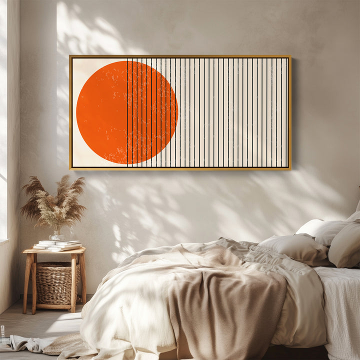 Horizontal Wall Art Orange Circle Lines Framed Canvas Print For Living Room