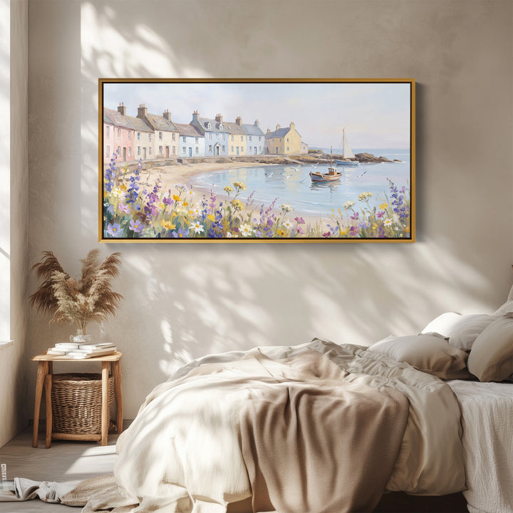 Large Wall Art Coastal Village Scene Statement Wall Decor For Living Room