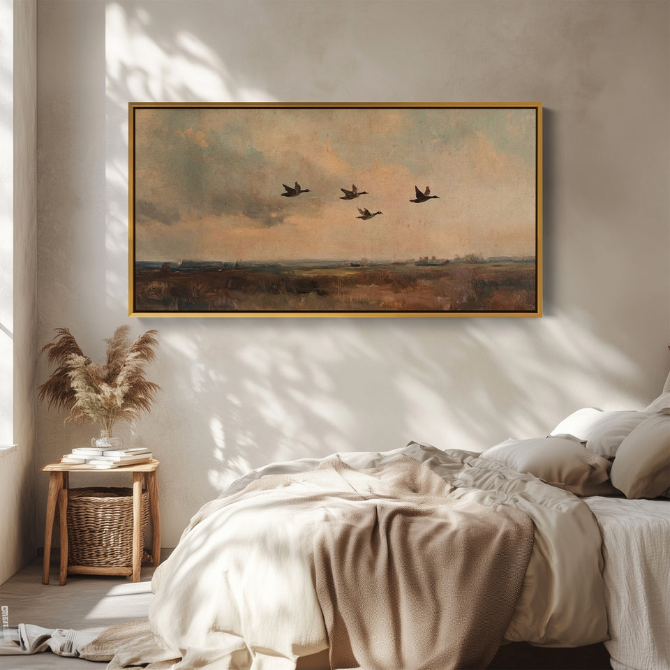 Wide Canvas Flying Ducks Landscape Panoramic Canvas Print For Hallway