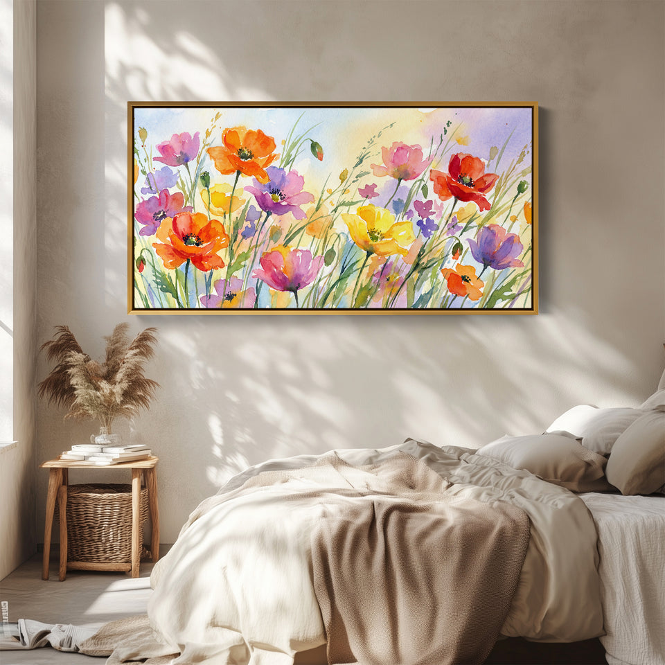 Wide Wall Art Wildflower Meadow Horizontal Canvas Print For Bedroom