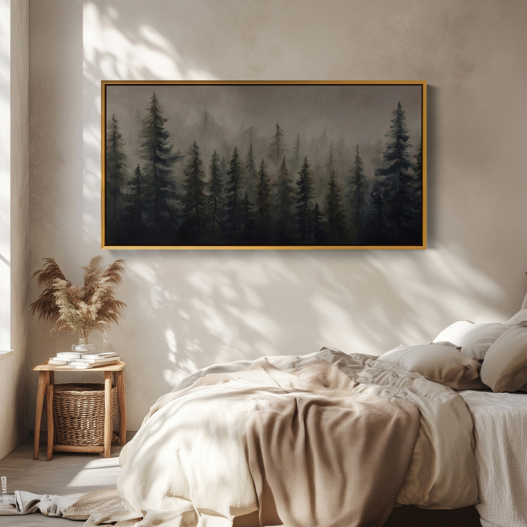 Large Wall Art Misty Pine Forest Panoramic Canvas Print For Office