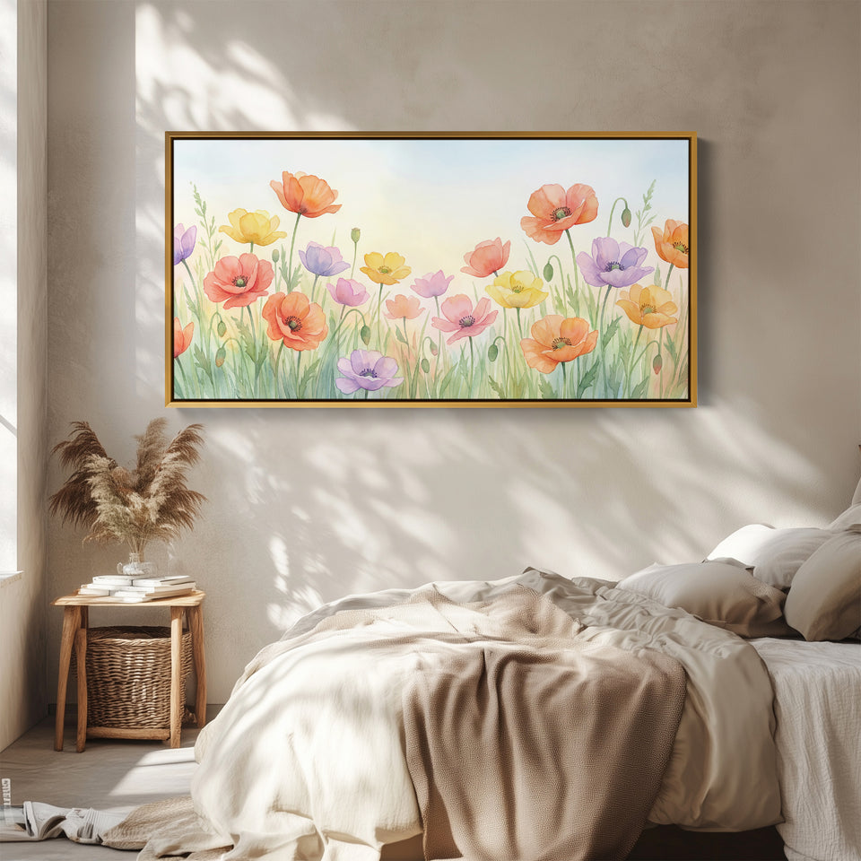Panoramic Wall Art Pastel Poppy Flowers Statement Wall Decor For Kitchen