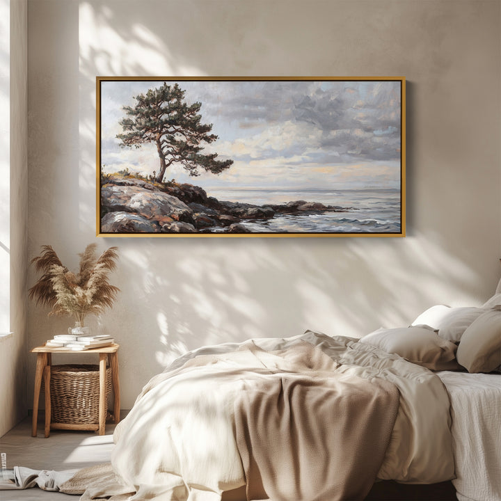 Wide Framed Canvas Coastal Tree And Sea Oversized Wall Decor For Hallway