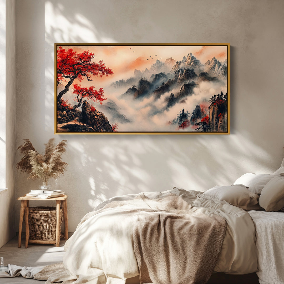 Long Wall Art Red Tree Mountain Landscape Panoramic Canvas Print For Living Room