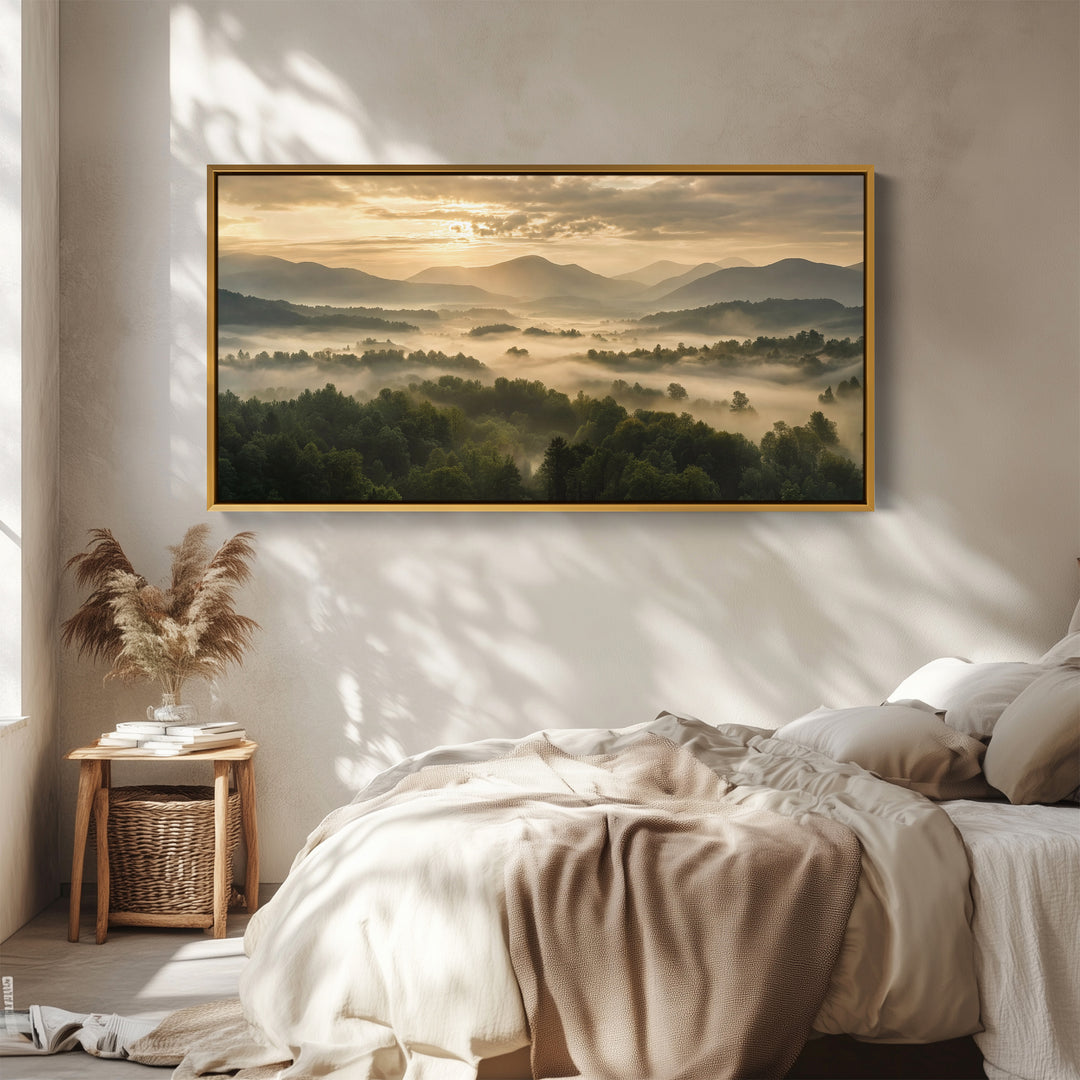 Wide Wall Art Misty Valley Sunrise Horizontal Canvas Print For Office