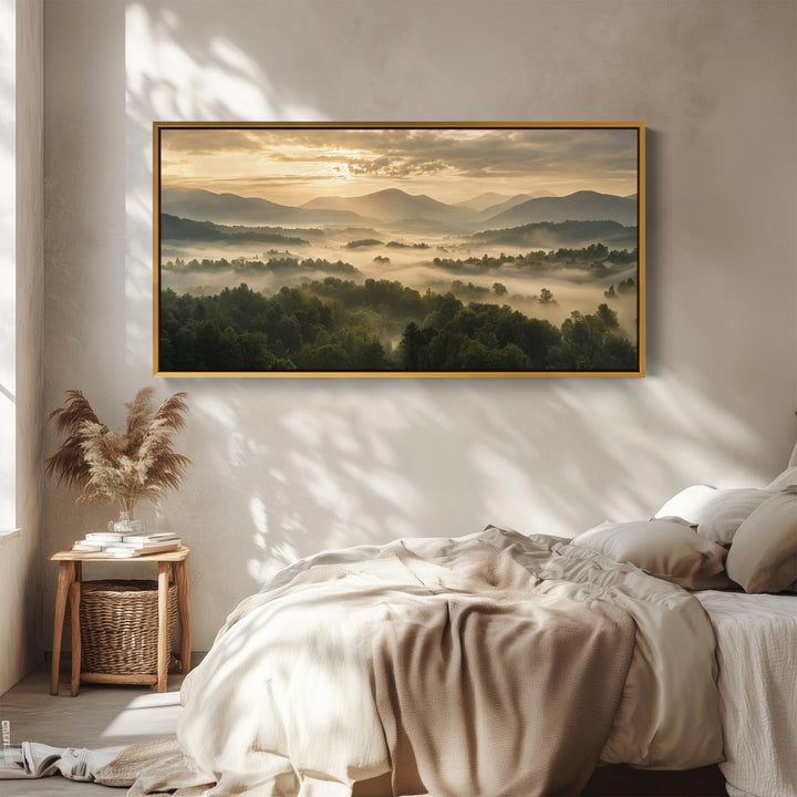 Wide Wall Art Misty Valley Sunrise Horizontal Canvas Print For Office