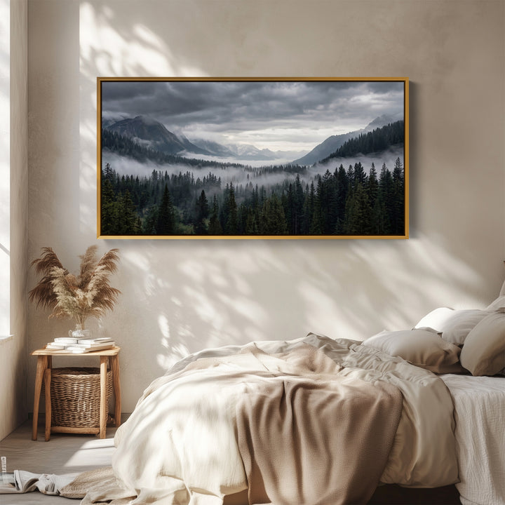 Large Wall Art Mountain Forest With Fog Extra Wide Canvas For Living Room