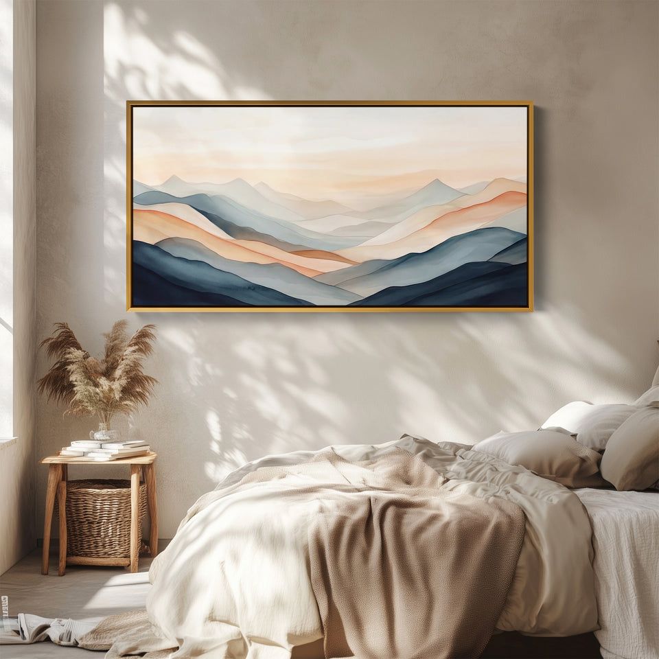 Layered Mountains Above Bed Wall Art Panoramic Canvas Print Living Room