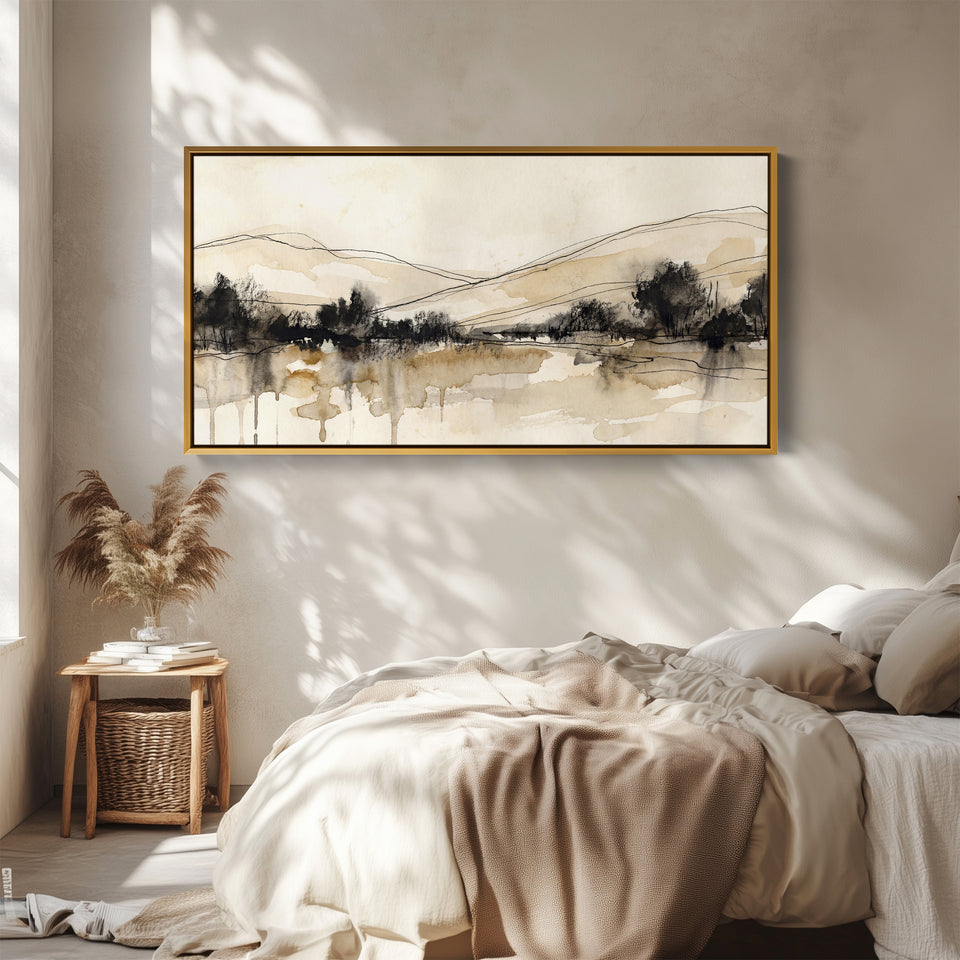 Minimal Ink Landscape Long Wall Art Panoramic Canvas Print Living Room