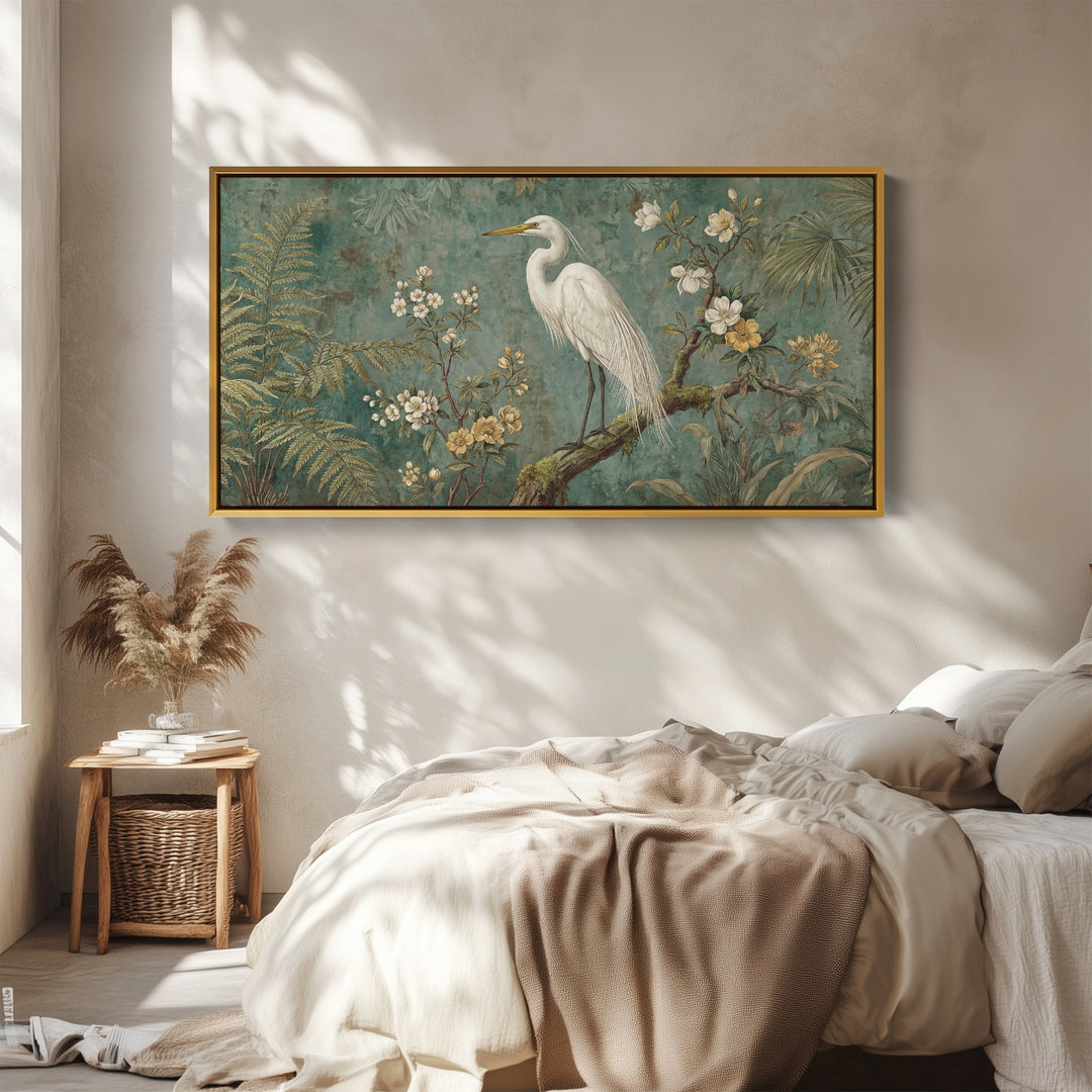 White Heron Horizontal Wall Art Framed Canvas Print For Bedroom