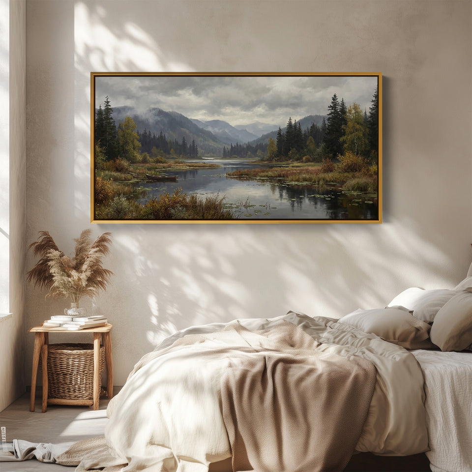 Mountain Lake Above Bed Wall Art Panoramic Canvas Print For Living Room