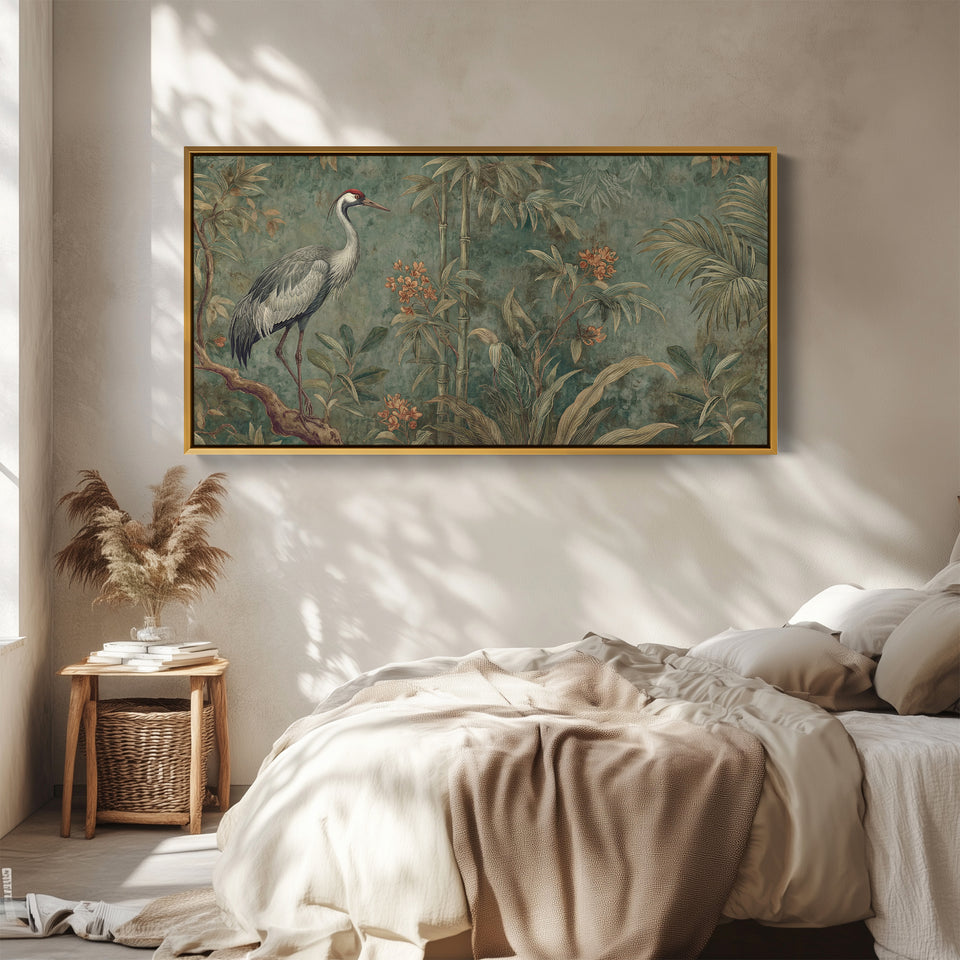 Crane With Bamboo Bedroom Wall Art Extra Wide Canvas For Office