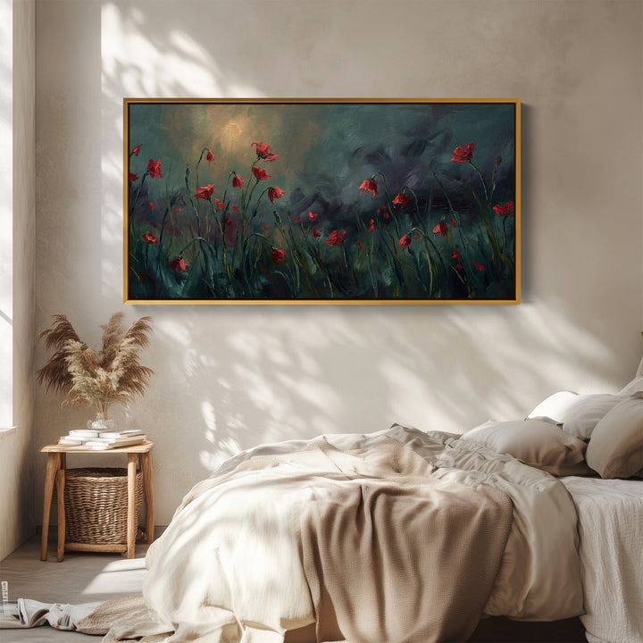 Red Poppies Panoramic Wall Art Horizontal Canvas Print For Bedroom