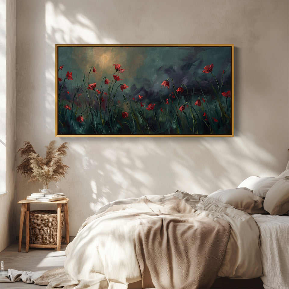 Red Poppies Panoramic Wall Art Horizontal Canvas Print For Bedroom
