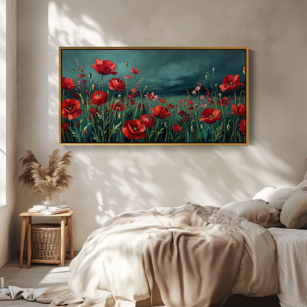 Blooming Poppy Field Wide Framed Canvas Statement Wall Decor For Living Room
