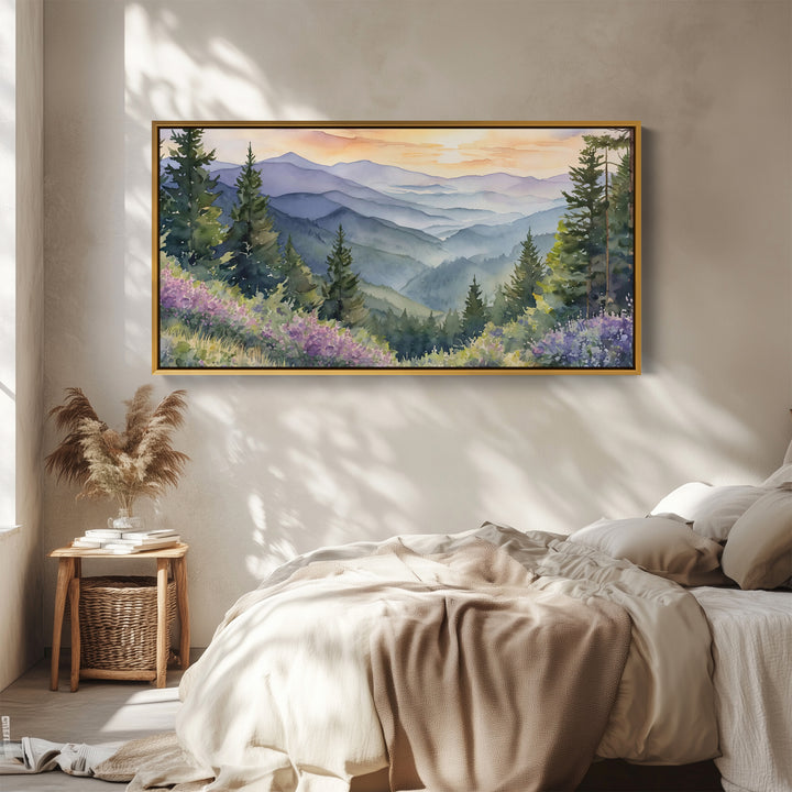 Mountain Valley Landscape Horizontal Wall Art Panoramic Canvas Print For Office