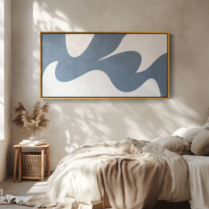 Blue Abstract Flowing Shape Horizontal Wall Art Framed Canvas Print For Living Room