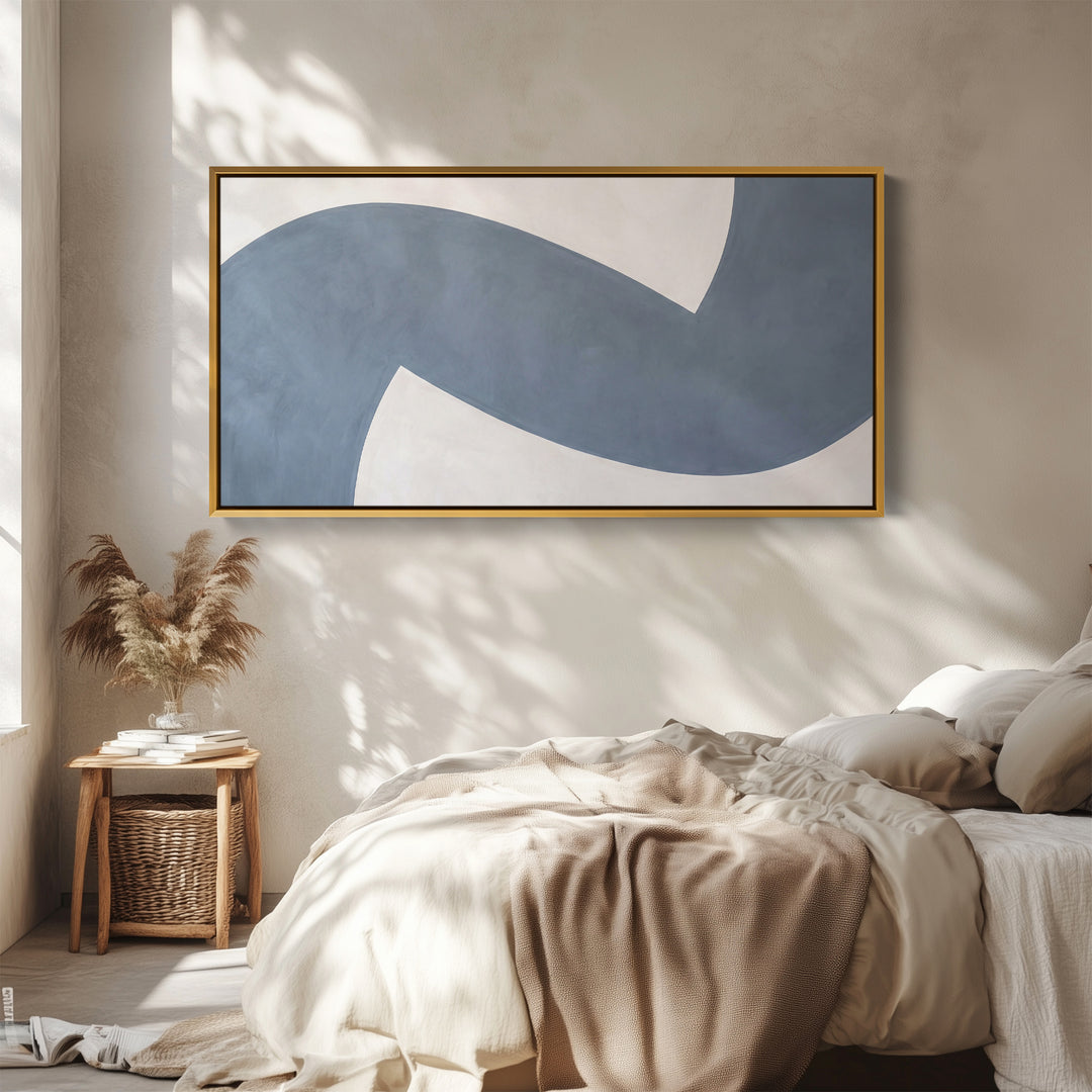 Blue Curved Abstract Form Above Bed Wall Art Horizontal Canvas Print For Bedroom