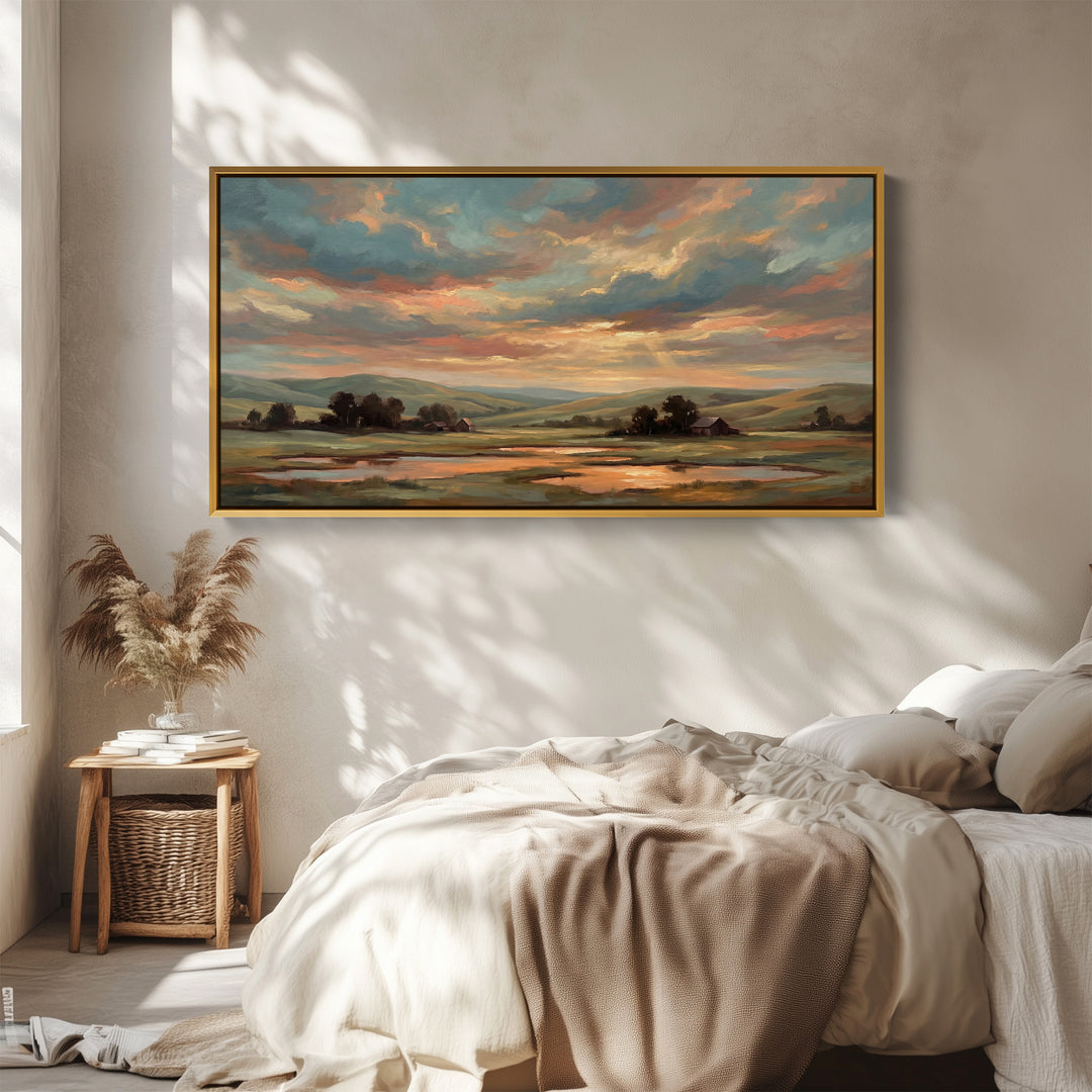 Sunset Countryside Landscape Above Soft Wall Art Panoramic Canvas Print For Living Room