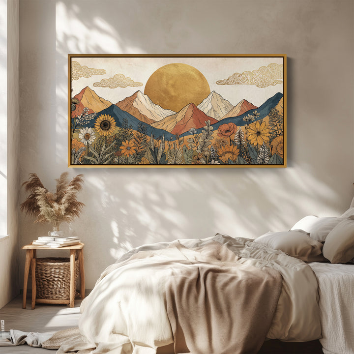 Stylised Mountain And Sun Large Wall Art Oversized Wall Decor For Living Room