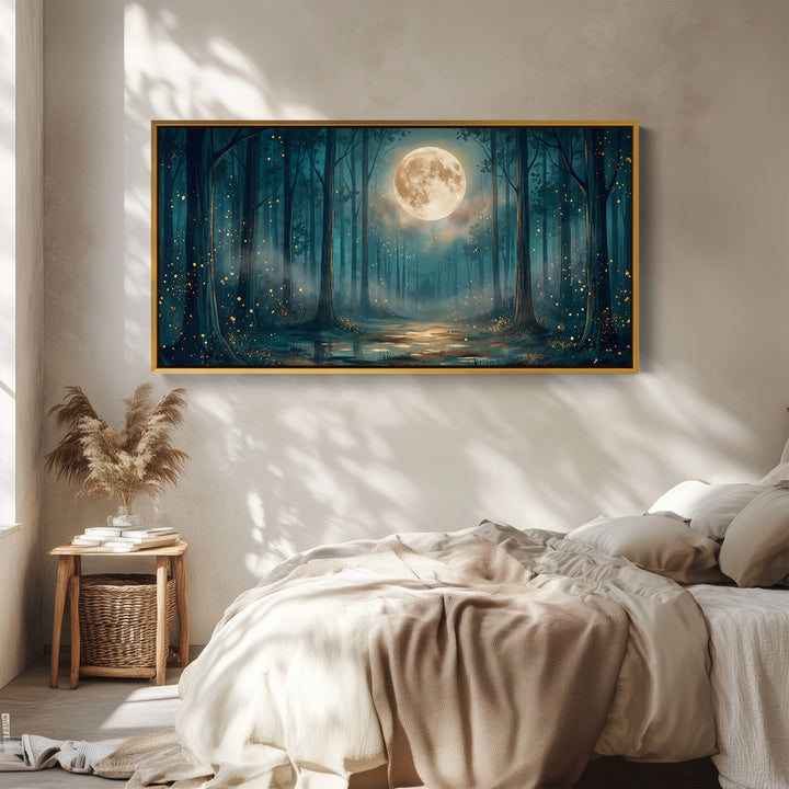 Moonlit Forest Panoramic Wall Art Horizontal Canvas Print For Bedroom