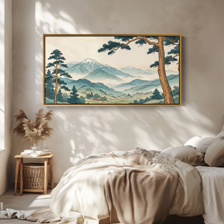 Japanese Mountain Landscape Wide Framed Canvas For Office
