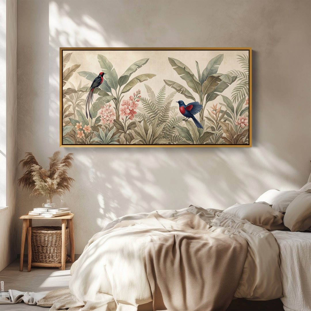 Tropical Birds Among Leaves Horizontal Wall Art Statement Wall Decor For Living Room