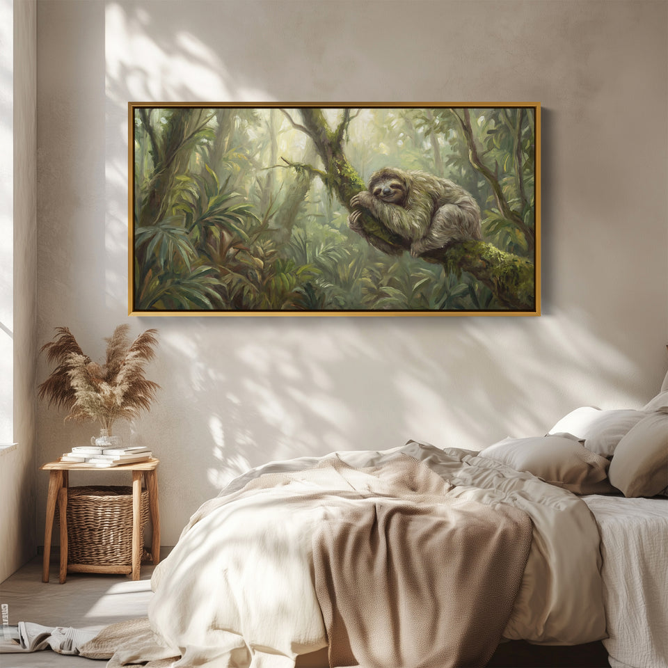 Horizontal Wall Art Sloth On Tree Branch Panoramic Canvas Print Bedroom