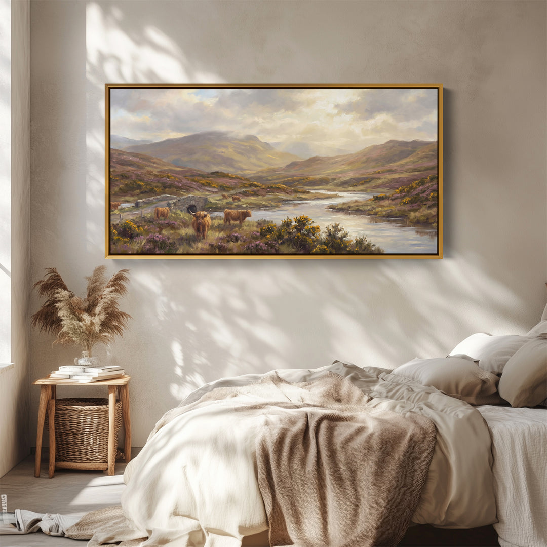 Highland Cows above soft wall art Extra Wide Canvas Office