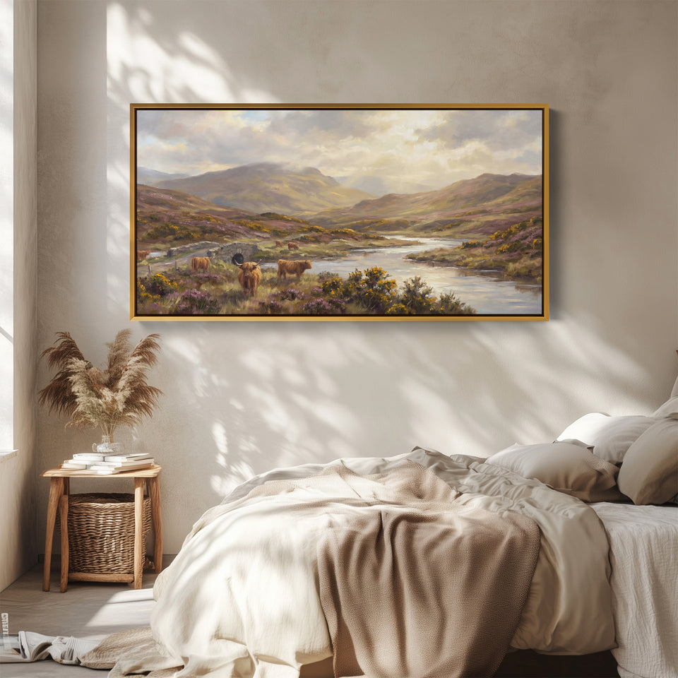 Highland Cows above soft wall art Extra Wide Canvas Office
