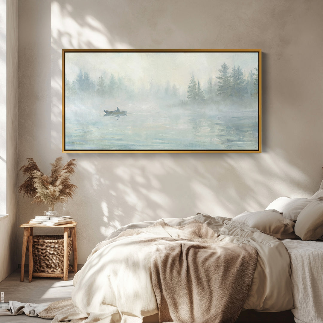 Misty Lake Boat large wall art Horizontal Canvas Print Office