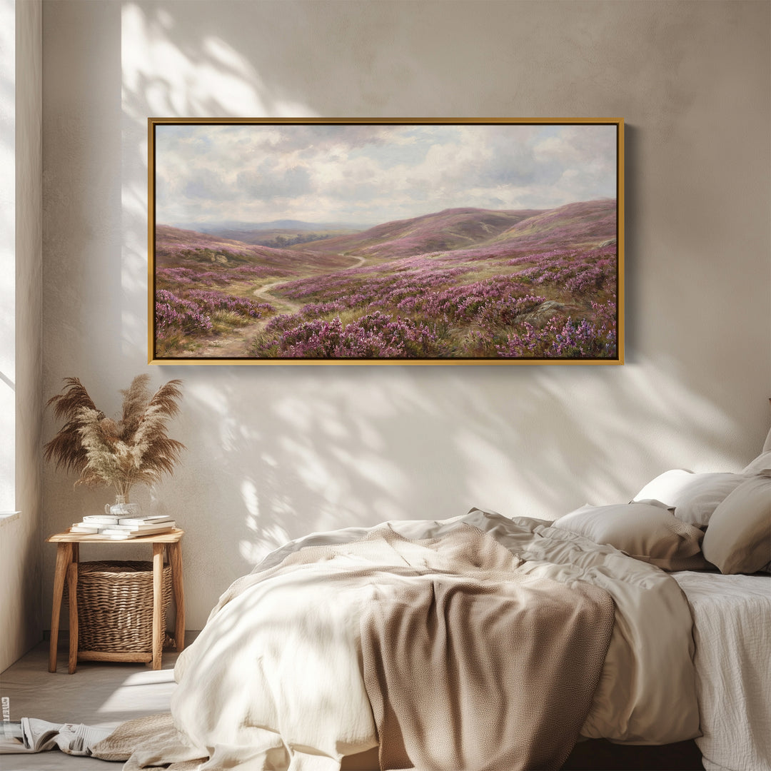 Heather Moorland wide framed canvas Panoramic Canvas Print Bedroom