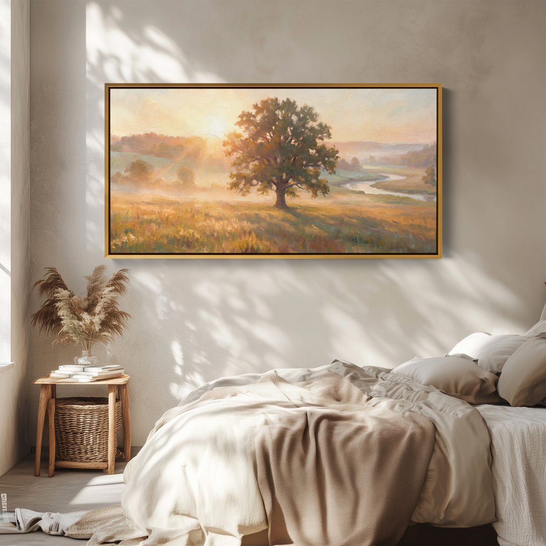 Lone Tree By River Above Bed Wall Art Horizontal Canvas Print For Bedroom