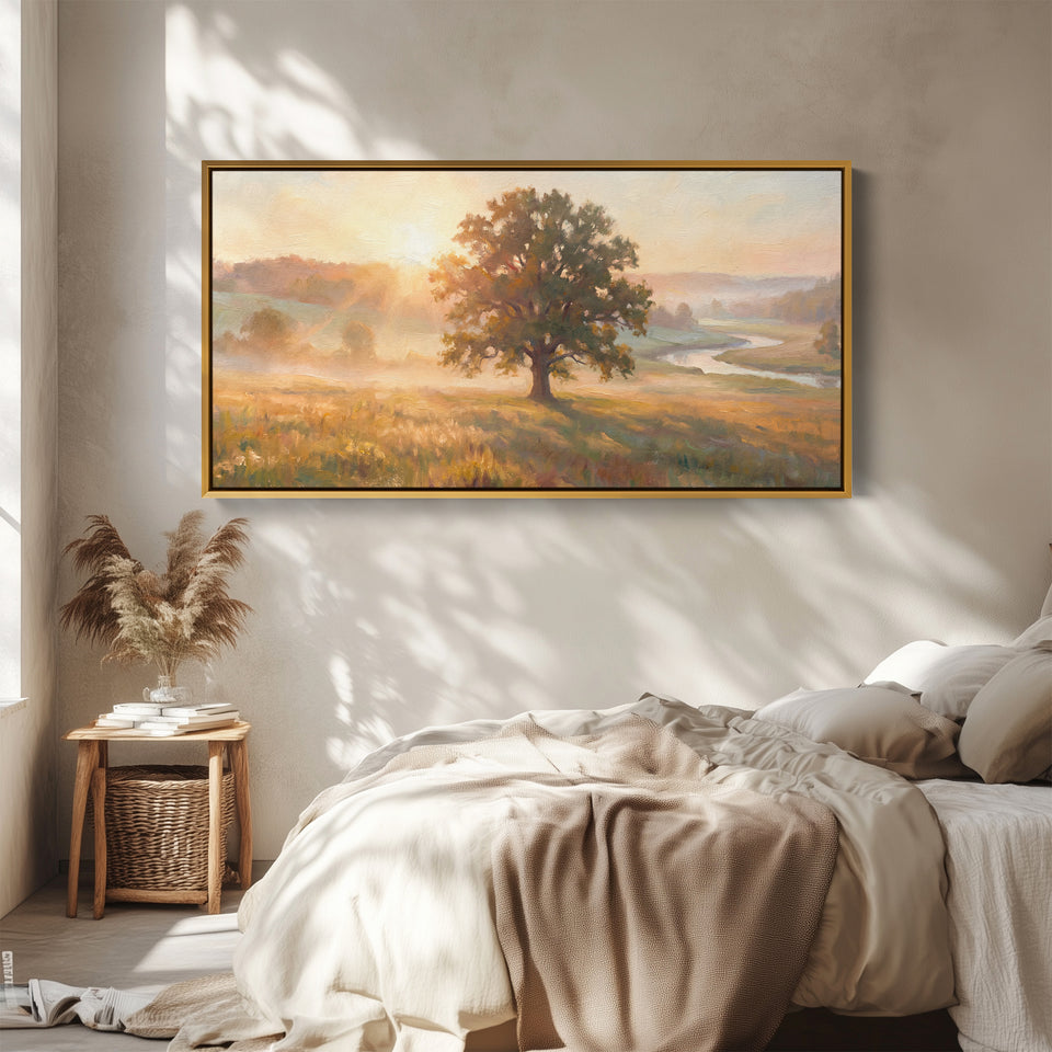Lone Tree By River Above Bed Wall Art Horizontal Canvas Print For Bedroom