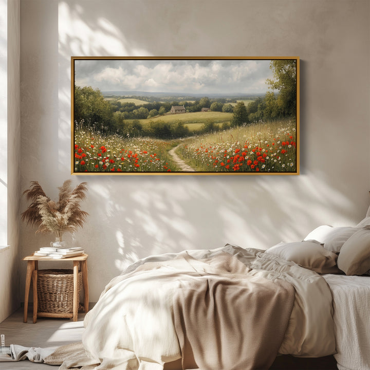 Wildflower Meadow Path Above Soft Wall Art Panoramic Canvas Print For Hallway