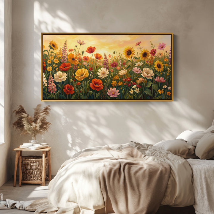 Colourful Wildflower Field Bedroom Wall Art Extra Wide Canvas For Bedroom